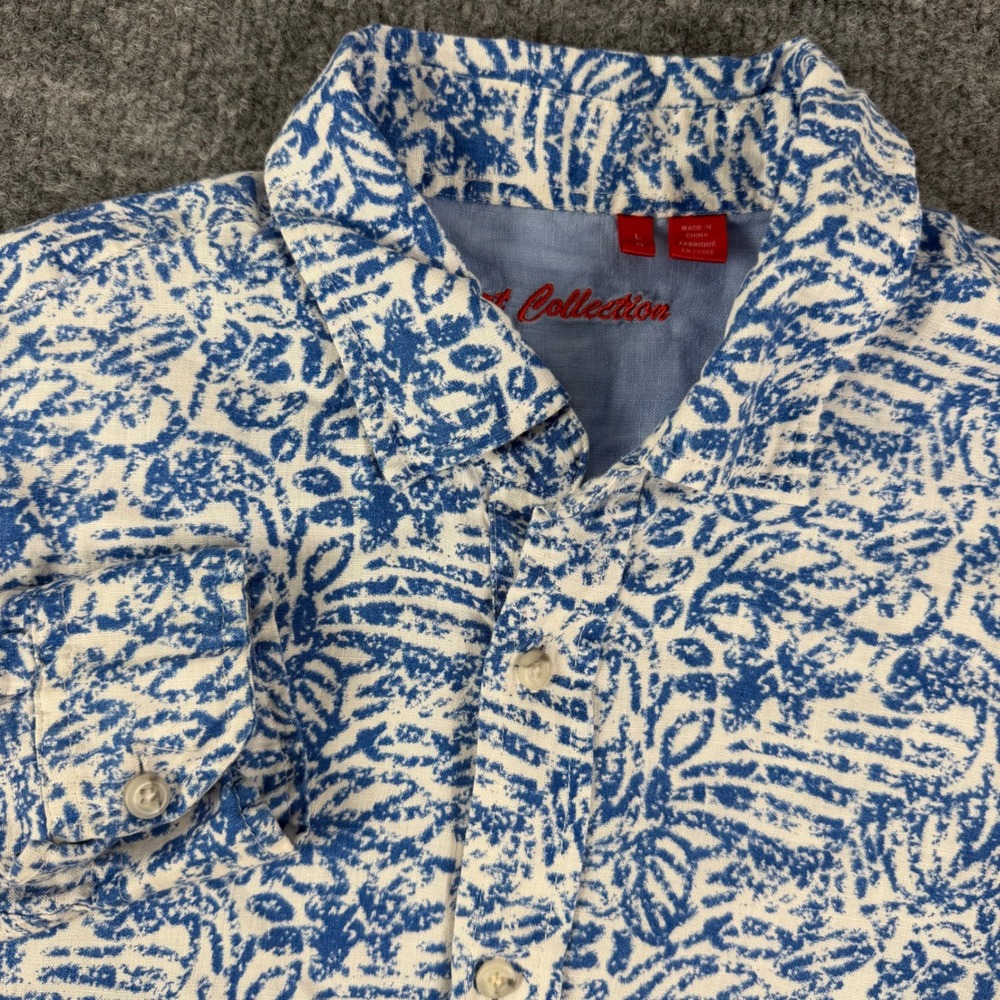 Report Collection Men 182420ST Button Down Shirt Large Blue White 100% Linen EUC